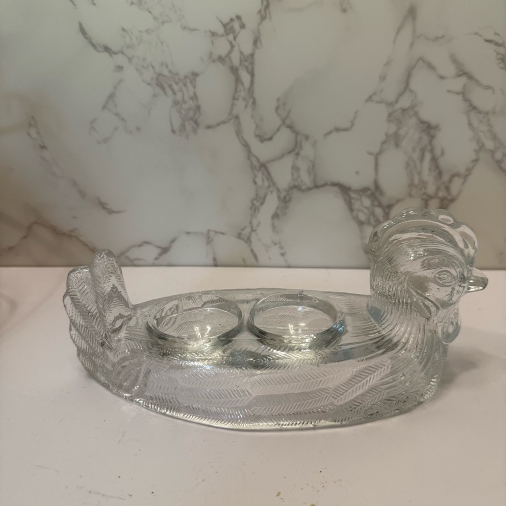 Vintage Clear Pressed Glass Hen 2 Egg Holder